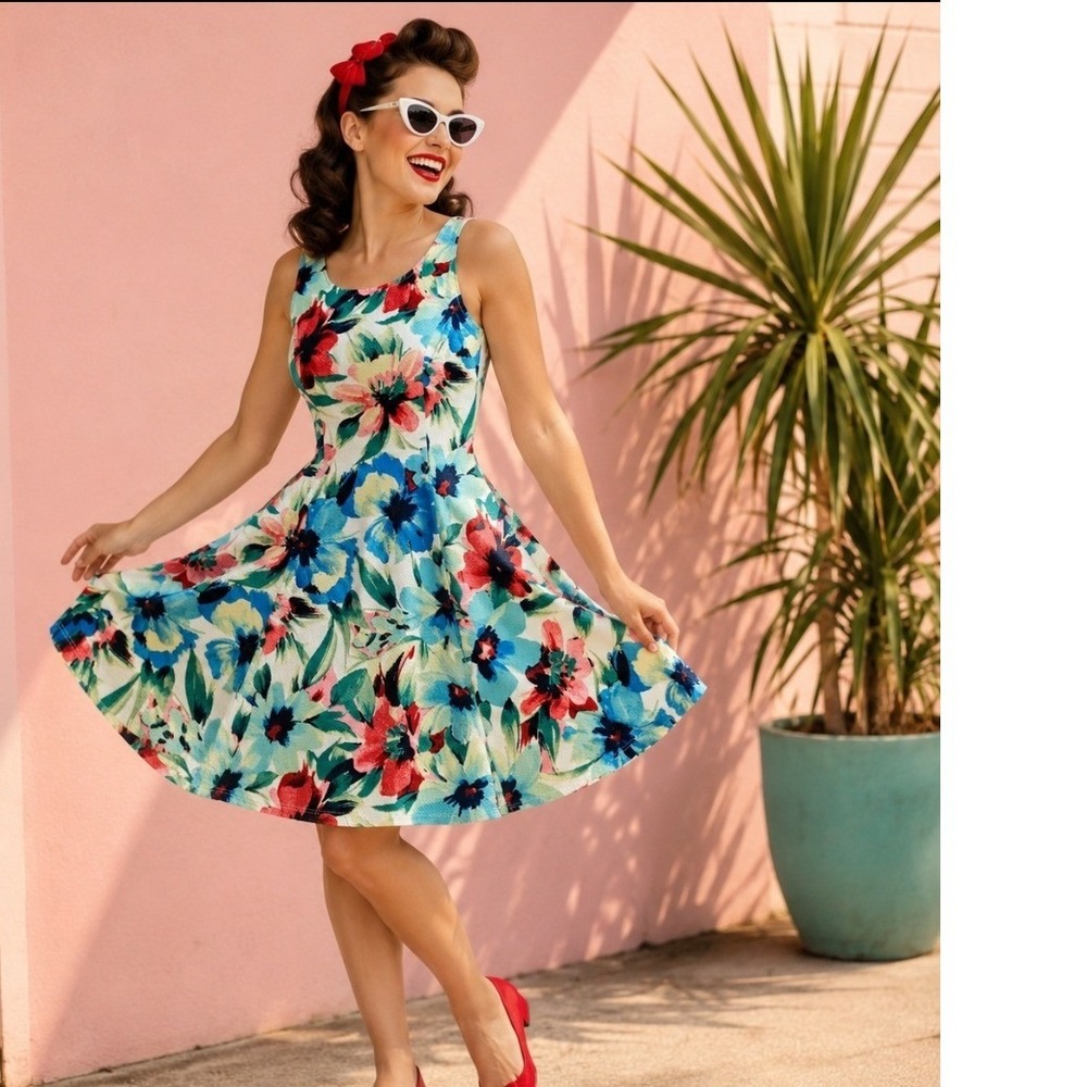 Everly Floral Fit and Flare Dress Womens Small Blue Pink Retro Skater Mini Dress